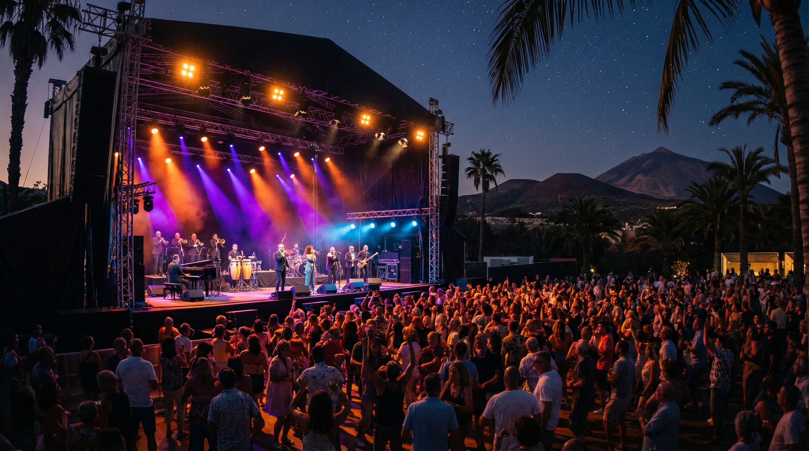 Concierto de salsa en las Islas Canarias con el Teide al fondo